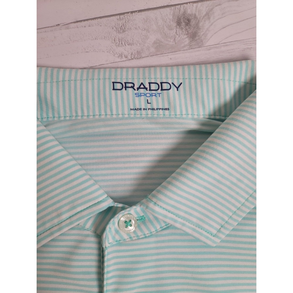 B. Draddy Sport Polo Shirt Mens L Golf White Green‎ Striped Stretch Logo Preppy - Picture 6 of 12